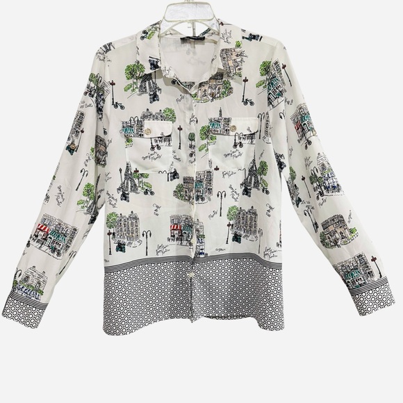 Karl Lagerfeld Paris Graphic Print Button Down Blouse Small - Picture 1 of 9